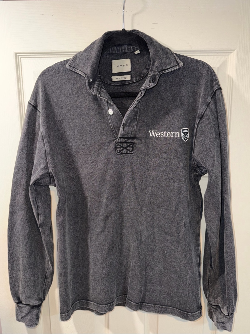 Western Embroidered Long-Sleeve Polo in Charcoal